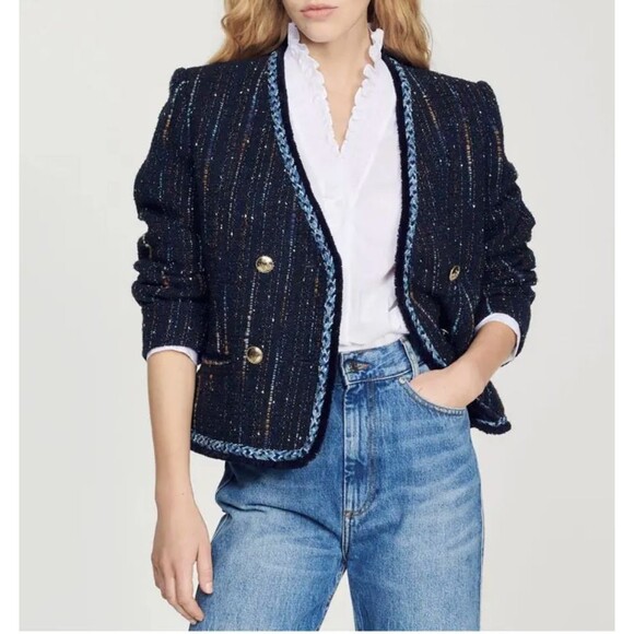 Sandro Jackets & Blazers - Sandro Colibri Tweed Double-Breasted‎ Jacket 38 EU 6 US Navy Long Sleeve Button